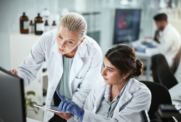 Computer, research and manager with scientist in laboratory for pharmaceutical innovation with drug...