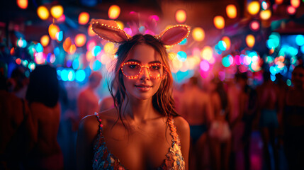 Young attractive woman with bunny ears and glowing glasses at a Halloween party at night. 