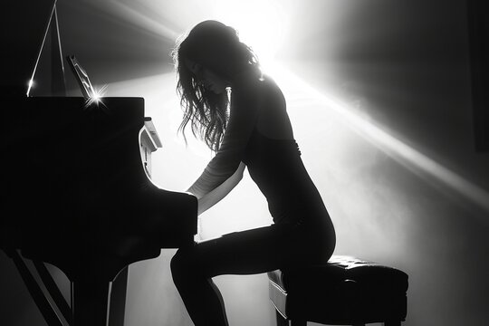 Piano Passion: Black-and-white silhouette of a woman passionately playing piano with window light behind her.