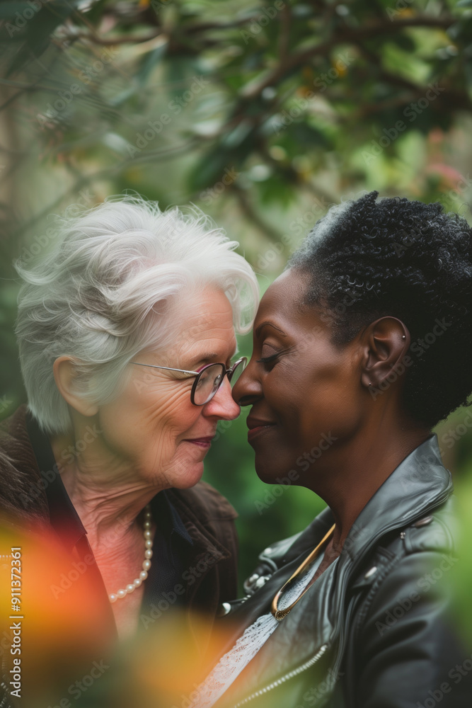 Wall mural Elderly lesbian women in loving embrace in lush garden background, touching foreheads and smiling warmly. Concepts of love, affection, and companionship in later life.