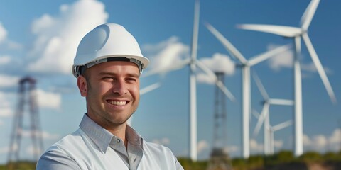 A technician engineer working near a wind turbine, managing alternative energy generation.