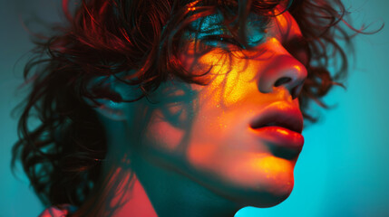 Neon-lit Portrait of Fashion Model with Glitter Makeup