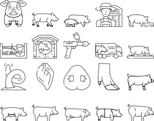 pig pork farm icons set vector. animal piglet, hog swine, graphic,livestock, domestic bacon, cute, hand, boar pig pork farm black contour illustrations