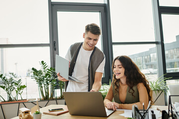 Two colleagues engage positively while in office.