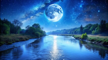 Fototapeta premium Serenene night scene featuring a tranquil blue river flowing gently under a full white moon, set against a soothing blue starry sky background.