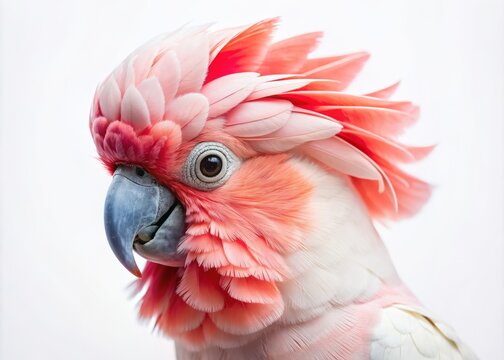 Vibrant pink cockatoo with snowy white head and sleek black beak perches confidently on a clean white background, showcasing its stunning plumage details.