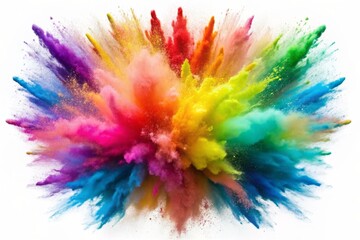 Fototapeta premium Vibrant rainbow colors burst forth in a dynamic explosion of powdery hues, isolated on a pristine white background, capturing whimsical energy and playful creativity.