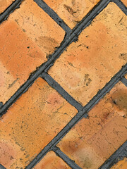 Red brick wall with black joints. At an angle. Close up.