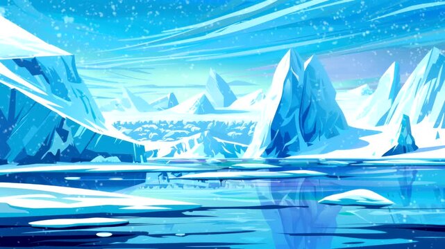 Frozen arctic landscape with icebergs and clear blue sky. Seamless looping time-lapse video background