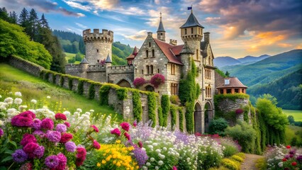 Whispering Meadows Castle: A Tapestry of Blossoms and Stone  generative AI