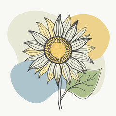 Vibrant Sunflower in Autumn Setting, Vector Illustration with Blue, Olive, and Orange Splashes, Capturing the Beauty of Fall with Nature's Golden Bloom.