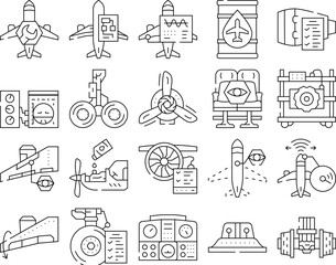 aircraft mechanic aviation icons set vector. maintenance plane, jet engine, airplane airport, technician industry, repair aircraft mechanic aviation black contour illustrations