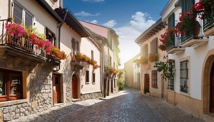Fototapeta premium Historic Cobblestone Street with Flowering Balconies