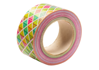 A colorful geometric decorative tape roll ideal for crafts, decorations, and gift wrapping. Isolated on transparent background, png.