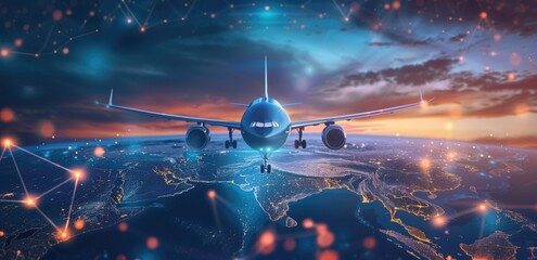 Illuminated airplane flying above a digitized world map with connecting networks at sunset. Concepts of global connectivity, aviation technology, and international travel.