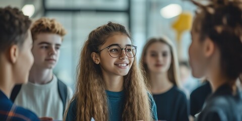 Fototapeta premium Capture of a high school girl wearing glasses and a blue crew neck shirt. She smiles and stands talking with a group of friends. Generative AI