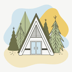 Autumn-Themed Vector Illustration Featuring a Charming Forest Cabin Against a Background of Blue, Olive, and Orange Speckles, Perfect for Seasonal Designs and Cozy Fall Inspiration