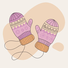 Autumn Illustration with Linear Drawing of Cozy Mittens on a Background of Pink, Orange, and Purple Color Patches. Warm and Cozy Hand-Drawn Fall Artwork, Perfect for Seasonal Decorations and Designs