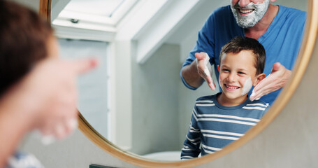 Shaving cream, bathroom and father with son or reflection, happy and playful practice for growth or...