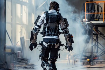 An exosuit in action, with a person wearing a mechanical suit designed for strength augmentation, highlighting the potential of wearable robotics for industrial and construction applications