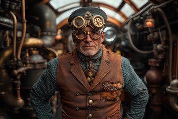 Obraz premium A vintage steampunk engineer, dressed in classic attire, stands confidently in a mechanical control room, embodying the innovation and charm of the steampunk era.