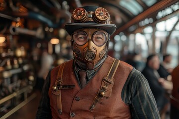 Fototapeta premium A steampunk gentleman, dressed in vintage attire, stands indoors in a richly mechanical-themed setting, reflecting the ornate aesthetics and imaginative innovation of steampunk design.
