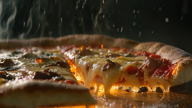 Video footage of close up of a freshly baked pizza with a slice being lifted, causing strings of melted cheese to stretch from the main portion