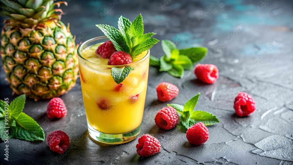 Canvas Prints A Splash of Tropical Paradise: A Vibrant Pineapple Mocktail with Raspberry and Mint Accents  Generative AI