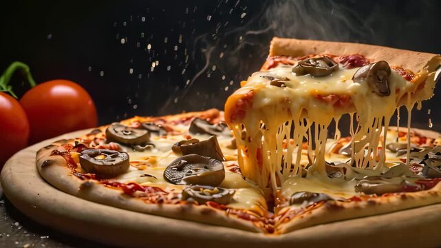 Video footage of freshly baked pizza with a slice being lifted, causing strings of melted cheese to stretch from the main portion