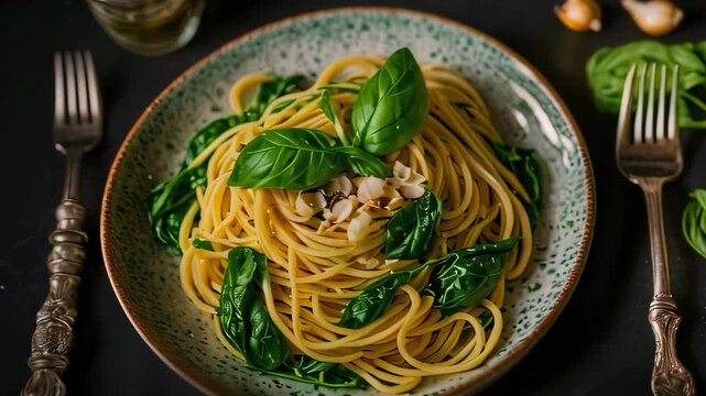 Video footage of plate of spaghetti garnished with green basil leaves, suggesting an Italian cuisine theme