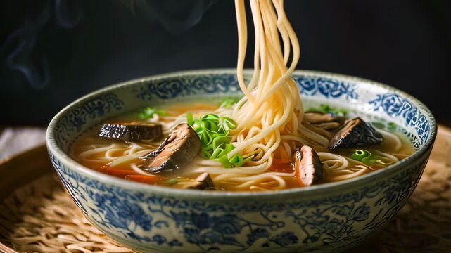 Video footage of bowl of noodle soup. The bowl has an intricate blue and white pattern and contains noodles, broth, pieces of meat, and chopped green herbs