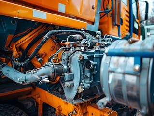 A detailed view of industrial machinery components on a heavy-duty vehicle, highlighting engineering precision and mechanical systems in construction equipment.