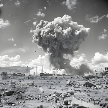 n the background, there is an explosion of a mushroom cloud  City during World War II, surrounded by rubble and destroyed buildings.