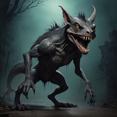 Naklejka premium Chupacabra in eerie background with ominous atmosphere and haunting look, digital artwork for Halloween and mythical creature themes, fantasy illustration with nightmarish quality, generative ai