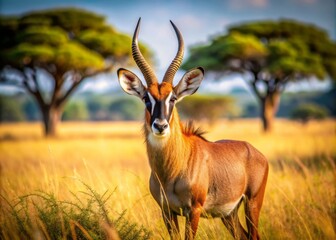 A majestic roan antelope stands alert on the sun-kissed savannah, its reddish-brown coat glistening, ears perked, and eyes vigilant, surrounded by tall grasses and acacia trees.