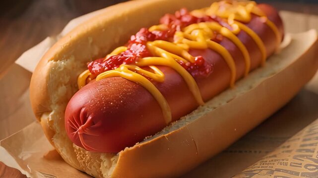Video footage of close-up of a hot dog with condiments on it, placed inside a bun. The hot dog is garnished with mustard and ketchup