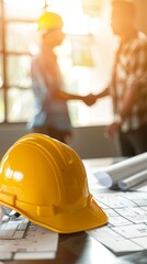 Yellow hardhat on blueprints with blurred figures shaking hands in background.