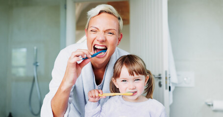 Dental care portrait, mother or child with brushing teeth in bathroom for oral hygiene education,...