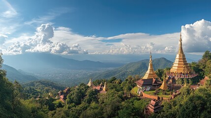 A panoramic view of Wat Doi Suthep, perched on a hill overlooking Chiang Mai, with golden pagodas gleaming in the sun.