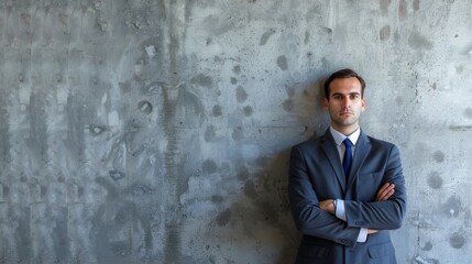 Obraz premium Confident Businessman in Suit Standing Against Modern Concrete Wall
