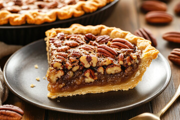 Homemade autumn pecan pie on a rustic background