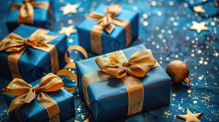 blue gifts with golden bows and ribbons placed on blue background near stars