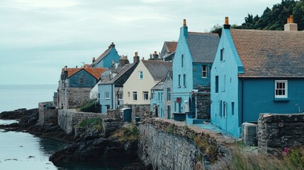 A quaint seaside village with houses in various shades of blue, reflecting the coastal charm and atmosphere.