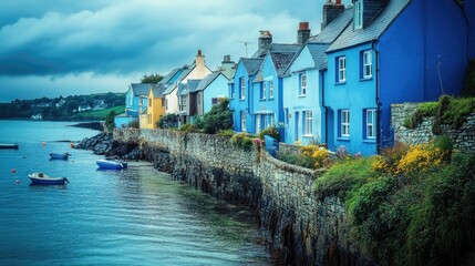 A quaint seaside village with houses in various shades of blue, reflecting the coastal charm and atmosphere.