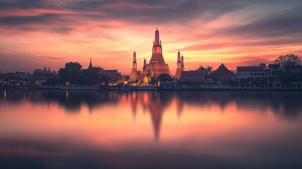Obraz premium A serene image of Wat Arun, the Temple of Dawn, with its iconic spires reflected in the Chao Phraya River, at sunset.