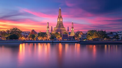 Obraz premium A serene image of Wat Arun, the Temple of Dawn, with its iconic spires reflected in the Chao Phraya River, at sunset.