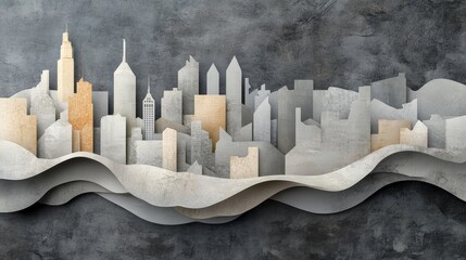 Paper cityscape with wavy horizon and textured background.