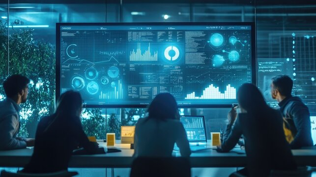 A team of marketers analyzing consumer data and metrics on a large screen, strategizing for a new product launch and advertising approach