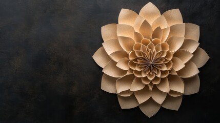 A close-up of a beige paper flower on a dark background. The flower has a layered design. The petals are arranged in a spiral pattern.