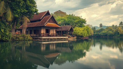 Fototapeta premium An authentic Thai house by a riverside, with a serene reflection in the water, capturing the tranquil lifestyle.